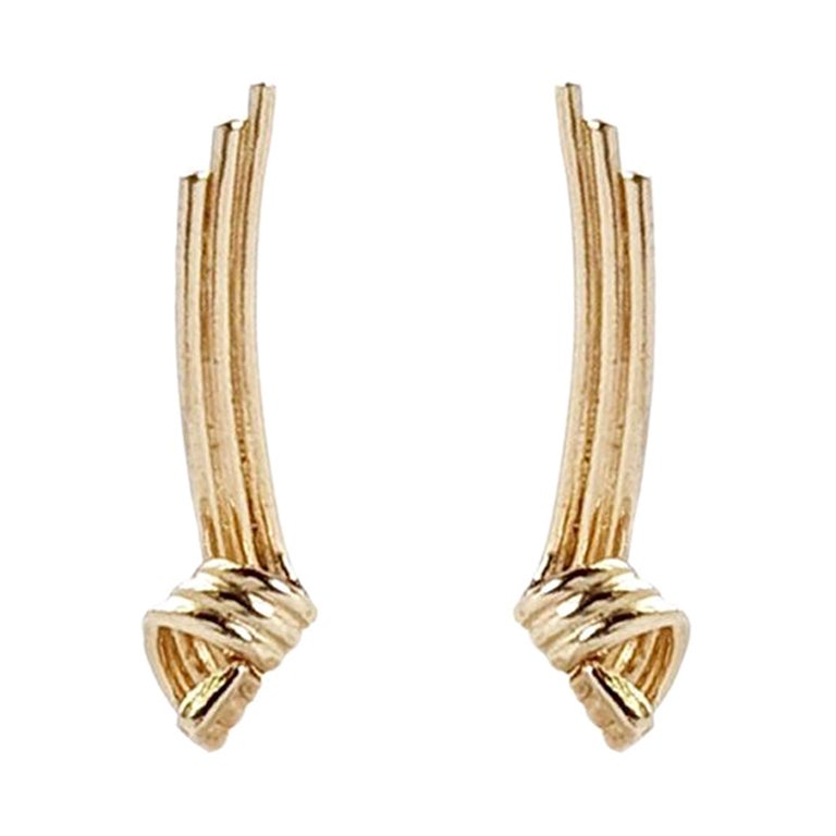 Long Ribbon Drop Bar Stud Earrings in 14K Gold For Sale