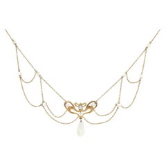 Art Nouveau Natural Pearl & Diamond Lavalier Necklace
