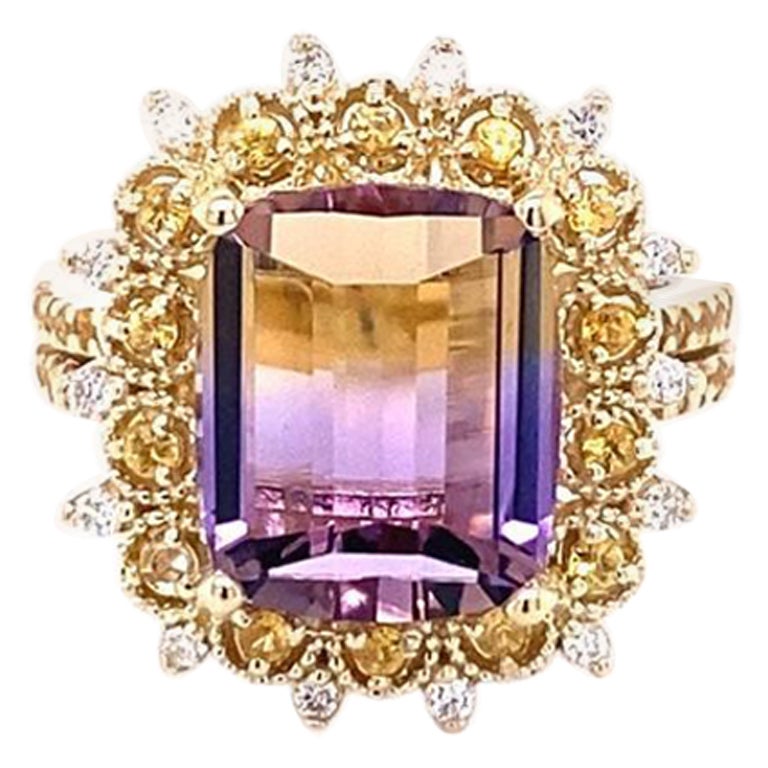 6.38 Carat Ametrine Yellow Sapphire Diamond Yellow Gold Cocktail Ring For Sale