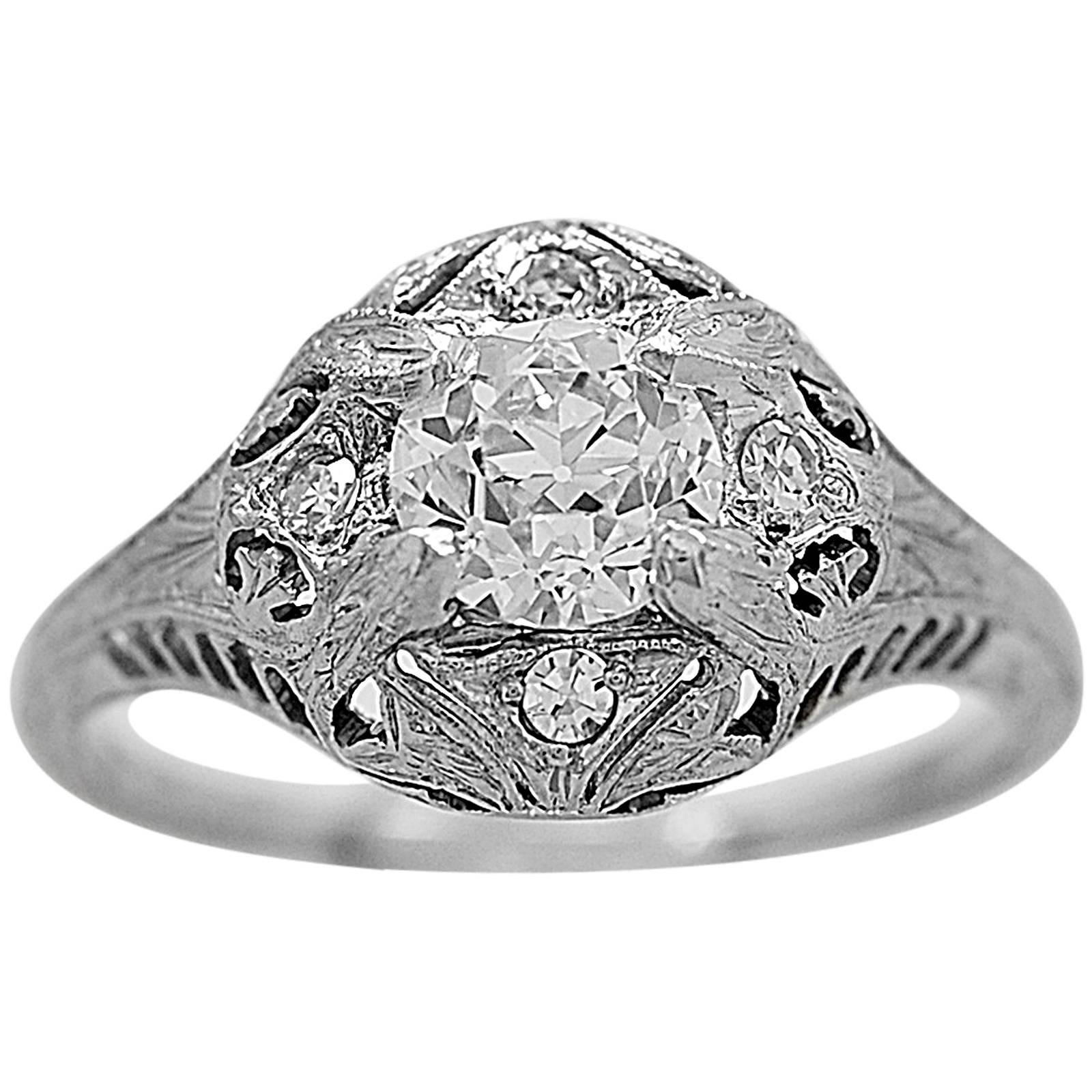 Art Deco .66 Carat Diamond Platinum Engagement Ring For Sale