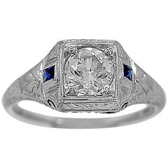 Antique .64 Carat GIA Cert Diamond Sapphire Gold Engagement Ring 6