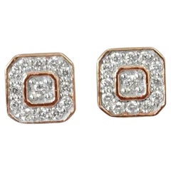 Used 14k Gold Square Studs Diamond Emerald Cut Stud Earrings Diamond Cluster Stud