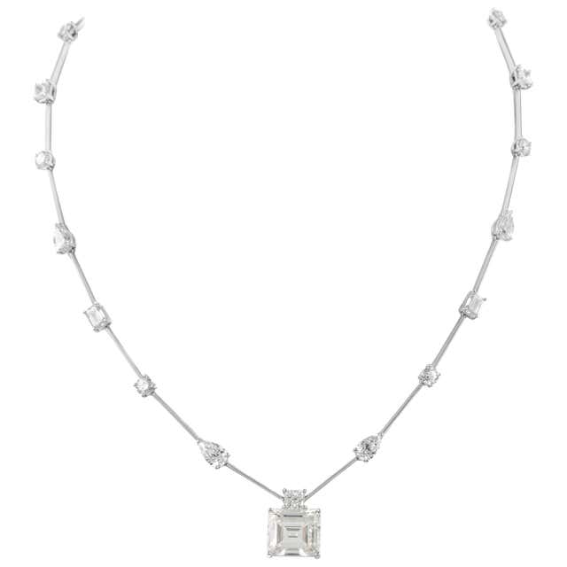 GIA Certified 16 Ct Emerald Cut Colombian Emerald and Diamond Necklace ...