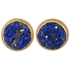 Carved Lapis Studs with Gold-like Inclusions