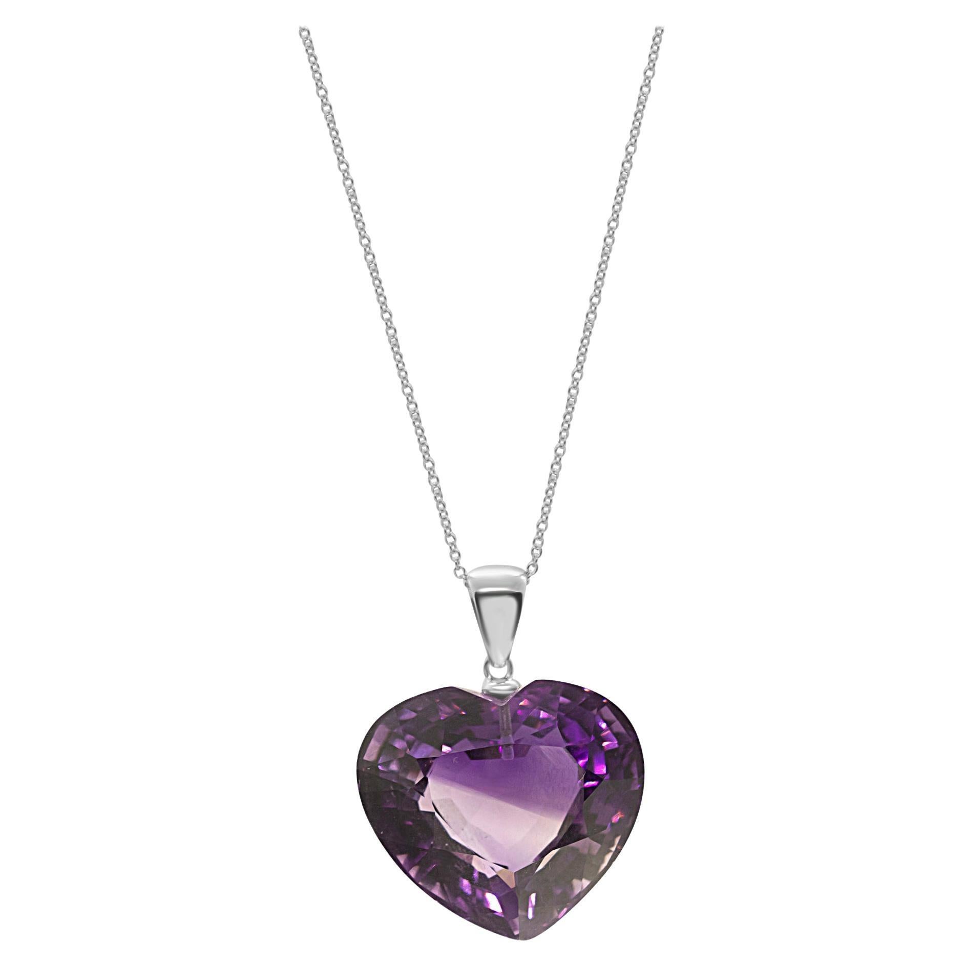Intini Jewels 51.95 Carats Amethyst Heart 18 Karat White Gold Pendant Necklace For Sale