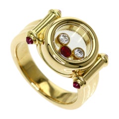 Rare Vintage Chopard Happy Diamonds Ruby & Diamond 18k Yellow Gold Ring with Box