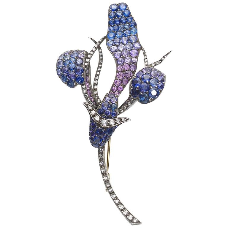 Shaded Sapphire Diamond Gold Flower Brooch For Sale