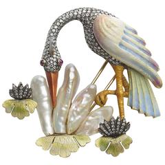 Pearl Diamond Silver Gold Crane Bird Brooch 9