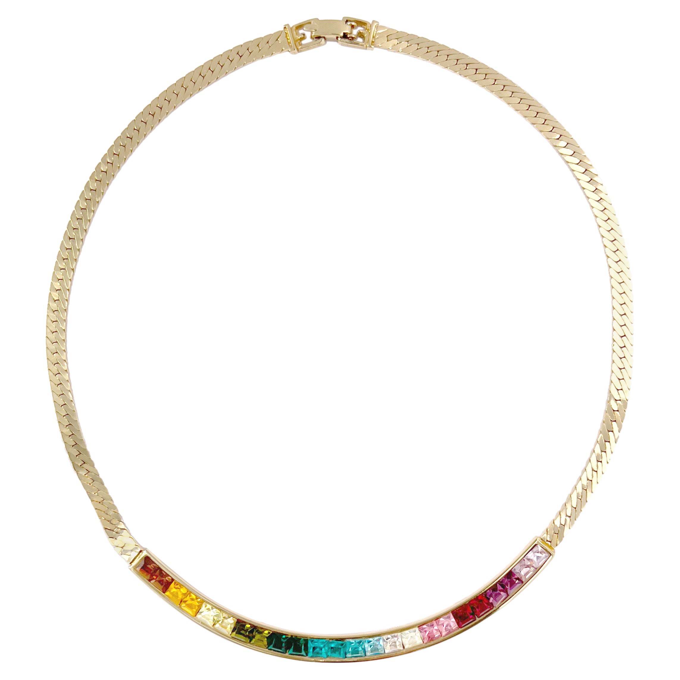 Vintage Givenchy Rainbow Ombre Crystal Herringbone Chain Necklace, 1990s