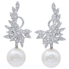 South-Sea Pearls, Diamonds, 18 Karat White Gold Earrings