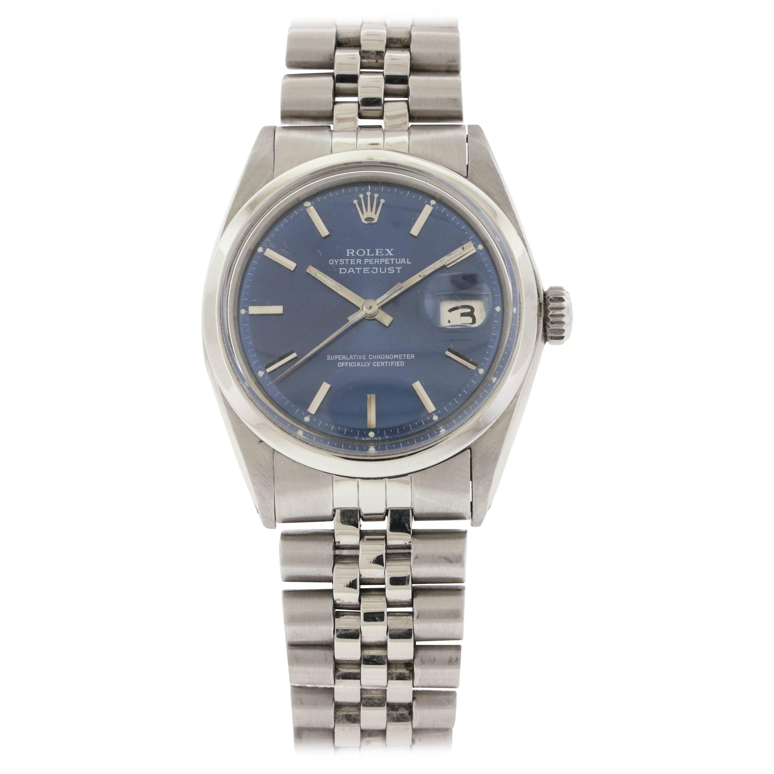 Rolex Stainless Steel Blue Dial Datejust Automatic Wristwatch Ref 1600 