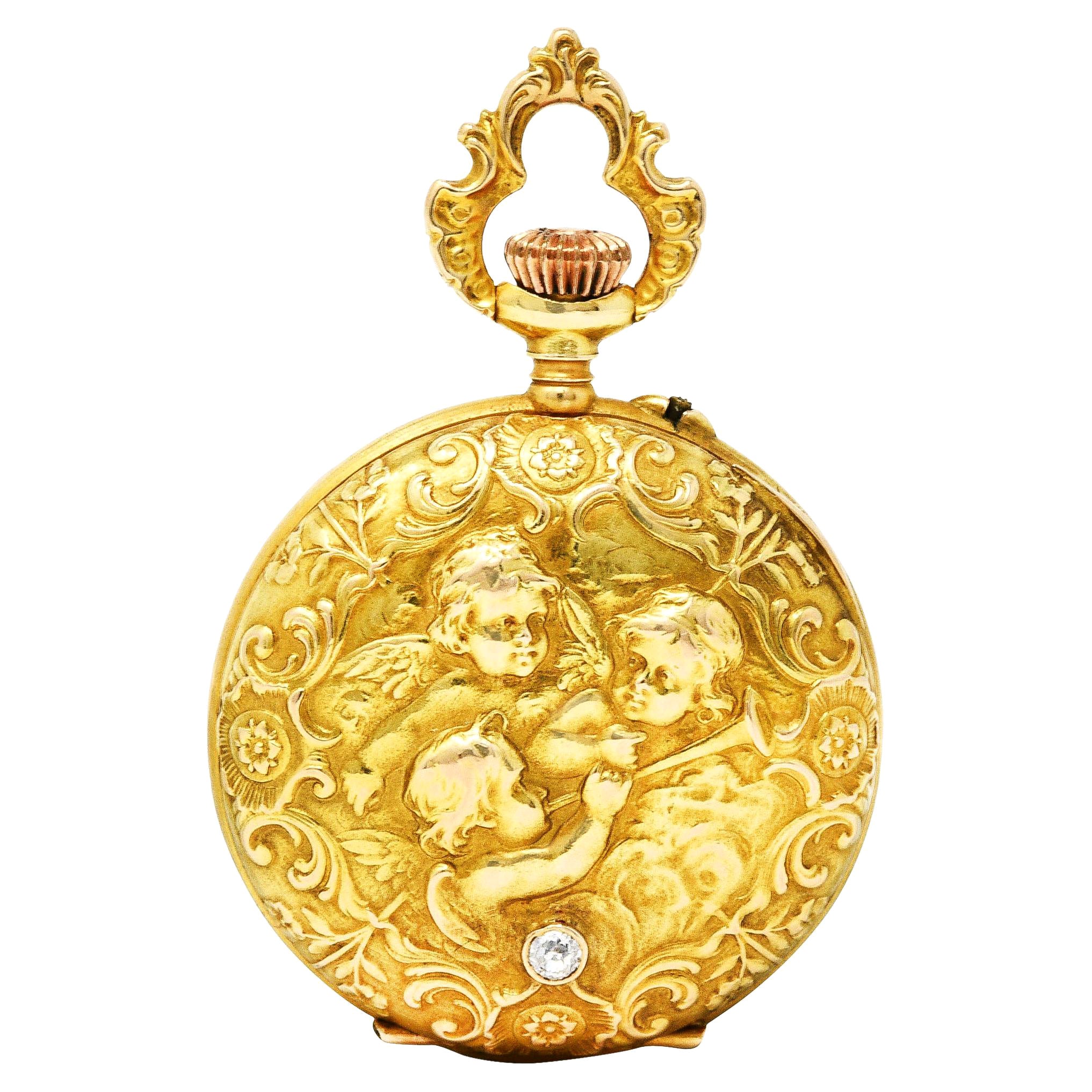1900 Swiss Art Nouveau Diamond 14 Karat Yellow Gold Cherub Pocket Watch