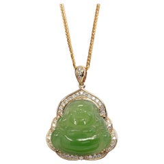 "Laughing Buddha" 14k Yellow Gold Nephrite Apple Green Jade with VS1 Diamonds