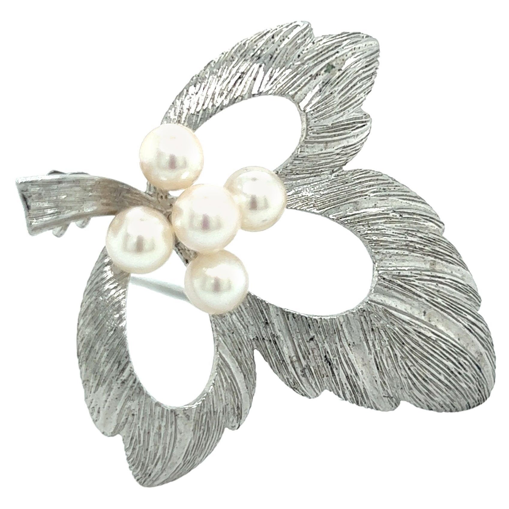 Mikimoto Estate Akoya Pearl Brooch Pin Sterling Silver For Sale