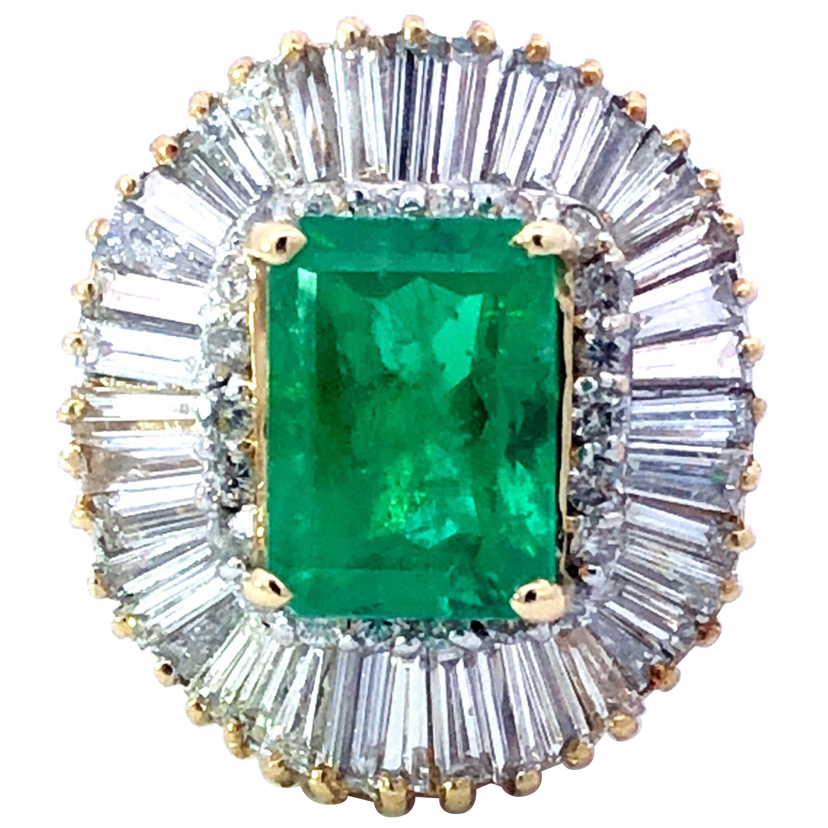 GIA Rare 4 ct. Colombian Emerald & Diamond Ballerina Ring in 18k Yellow Gold For Sale