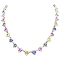 29.76 Carats Multi Colored Sapphires Two Color Gold Necklace 7