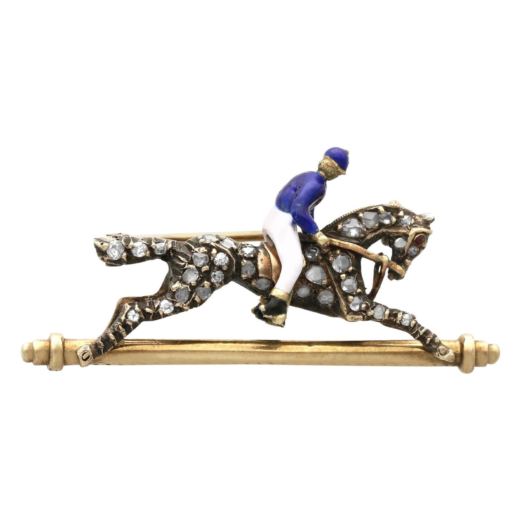 Antique Diamond Garnet and Enamel Yellow Gold Horse and Jockey Brooch For Sale