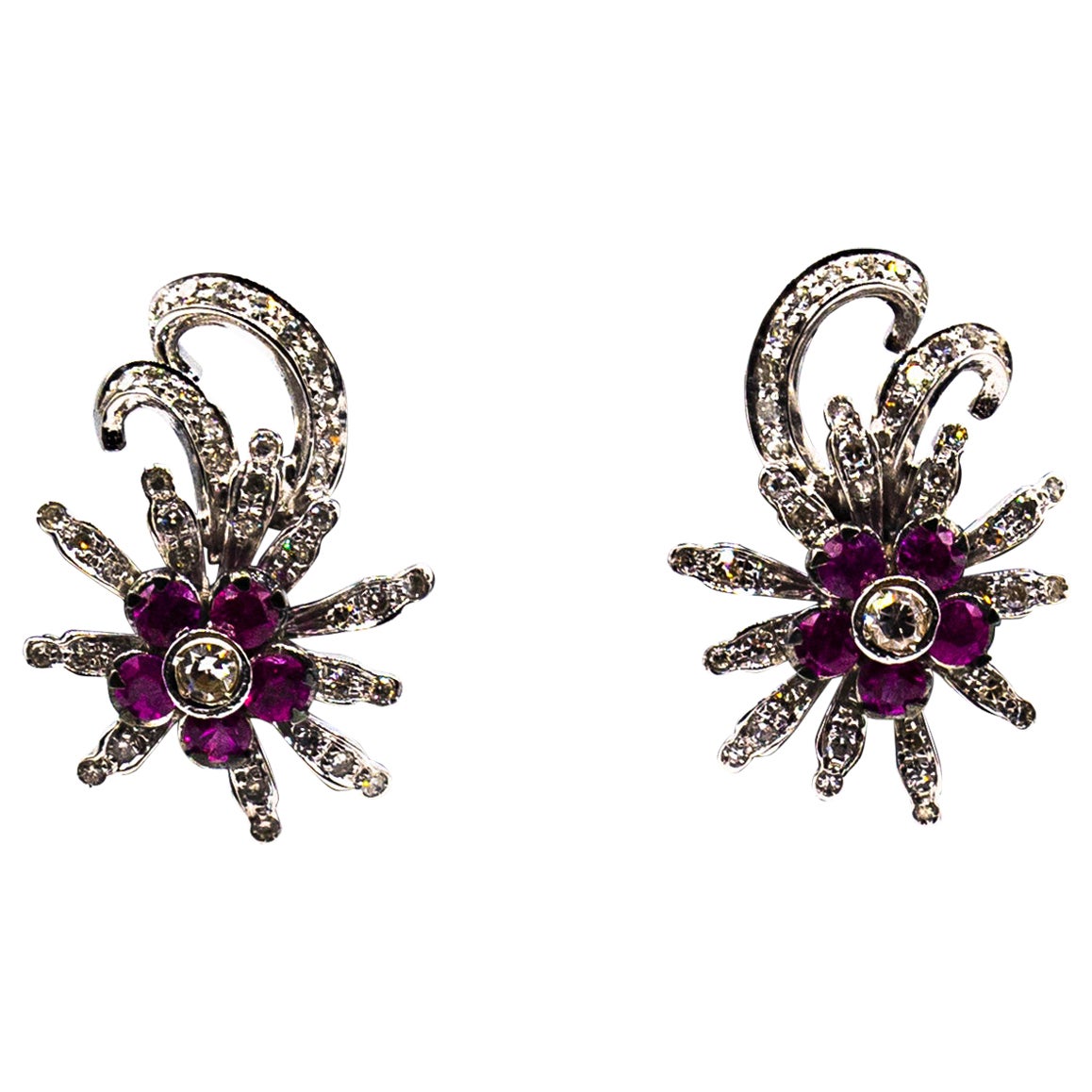 Art Nouveau Style White Brilliant Cut Diamond Ruby White Gold Stud Earrings