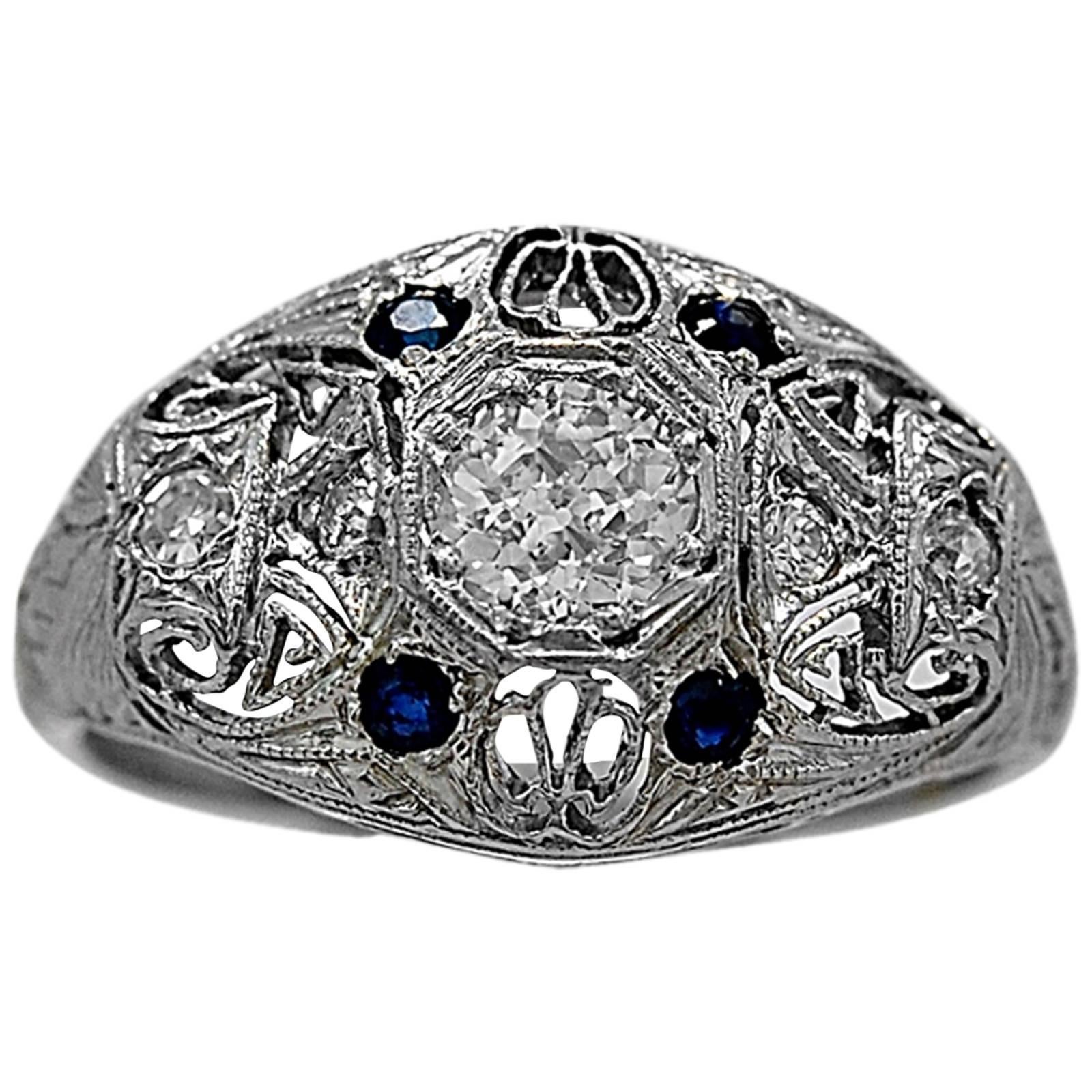 Art Deco .30 Carat Diamond Sapphire Platinum Engagement Ring