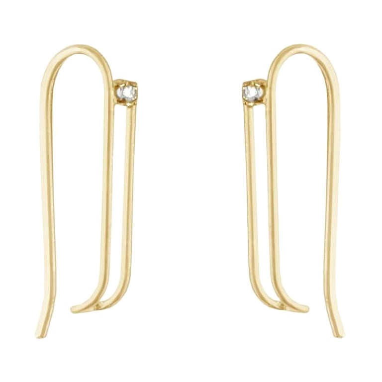 14K Gold Paper Clip Hoop Earrings with White Moissanites For Sale at