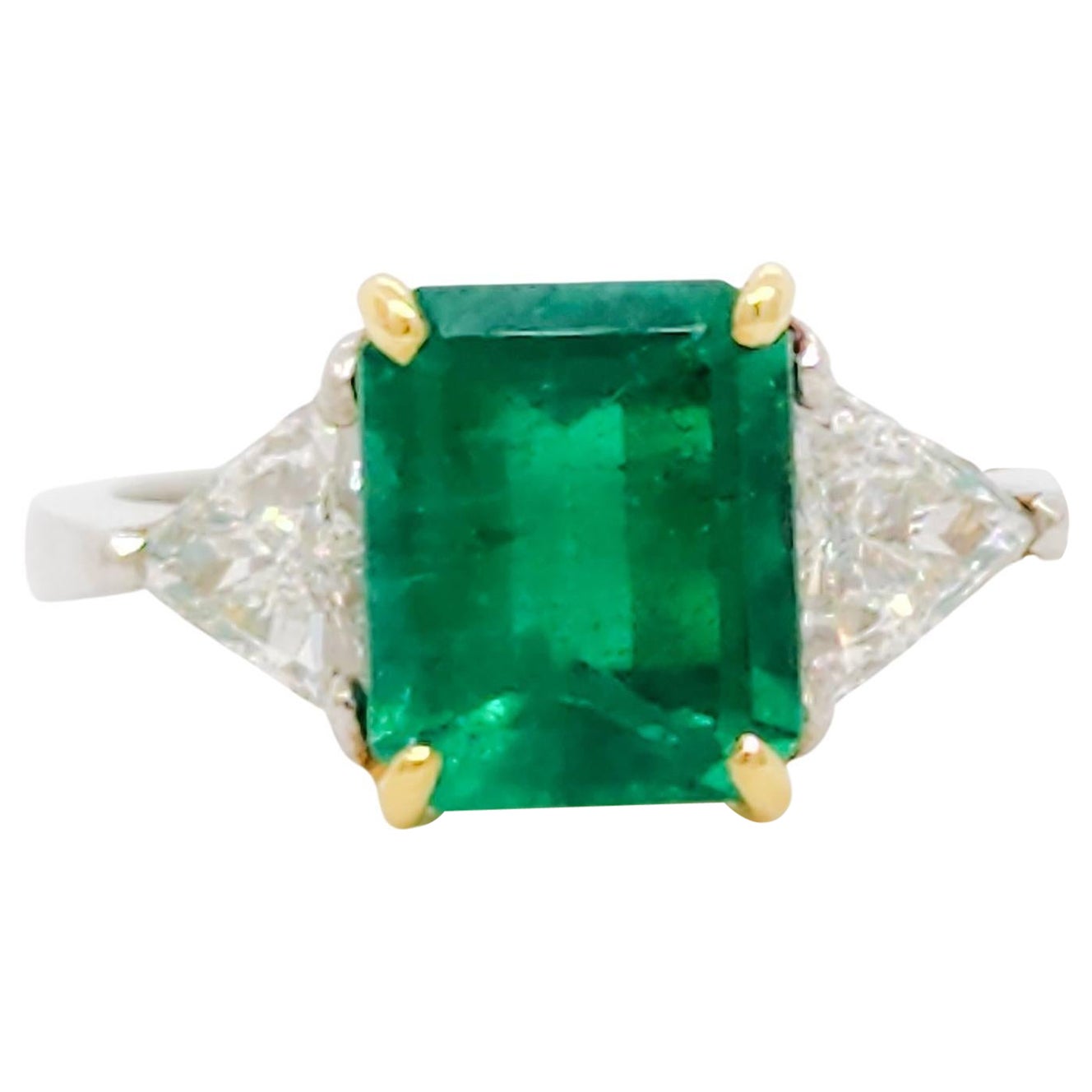 Emerald and Diamond Three Stone Ring in Platinum and 18k Yellow Gold For Sale
