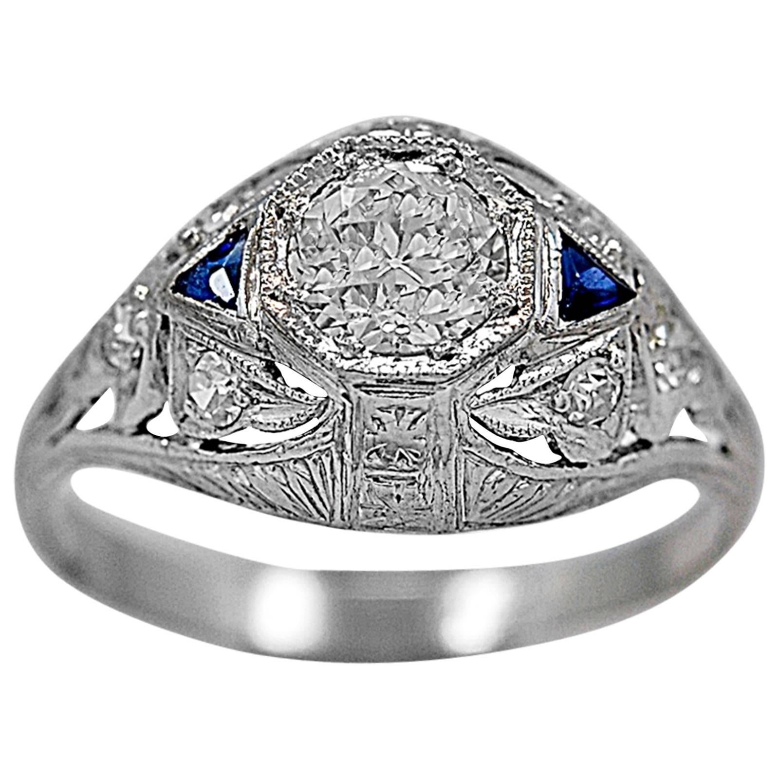 Art Deco .53 Carat Diamond Sapphire Platinum Engagement Ring