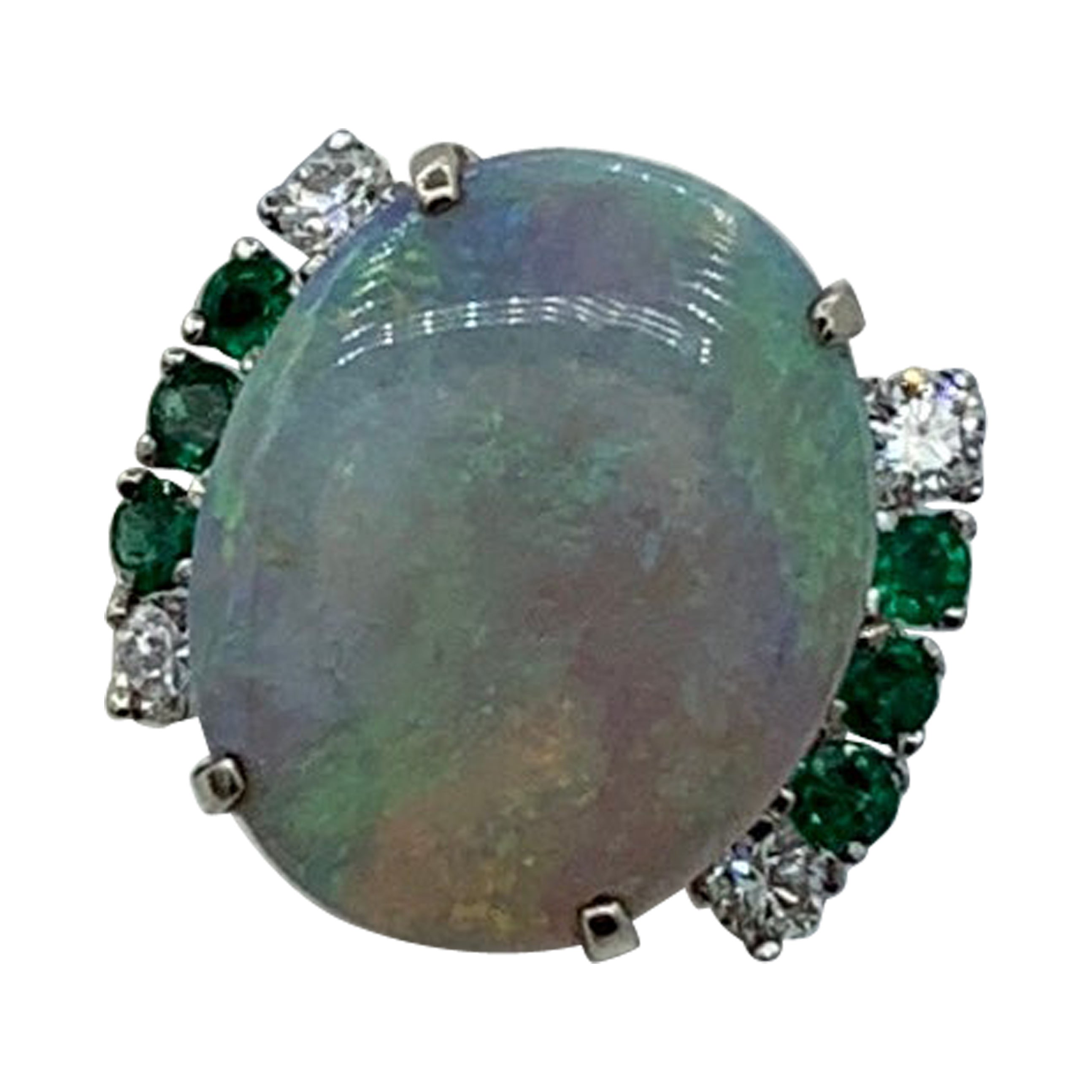 8.5 Carat Opal Emerald Diamond Ring 14 Karat Gold Cocktail Retro Antique Ring