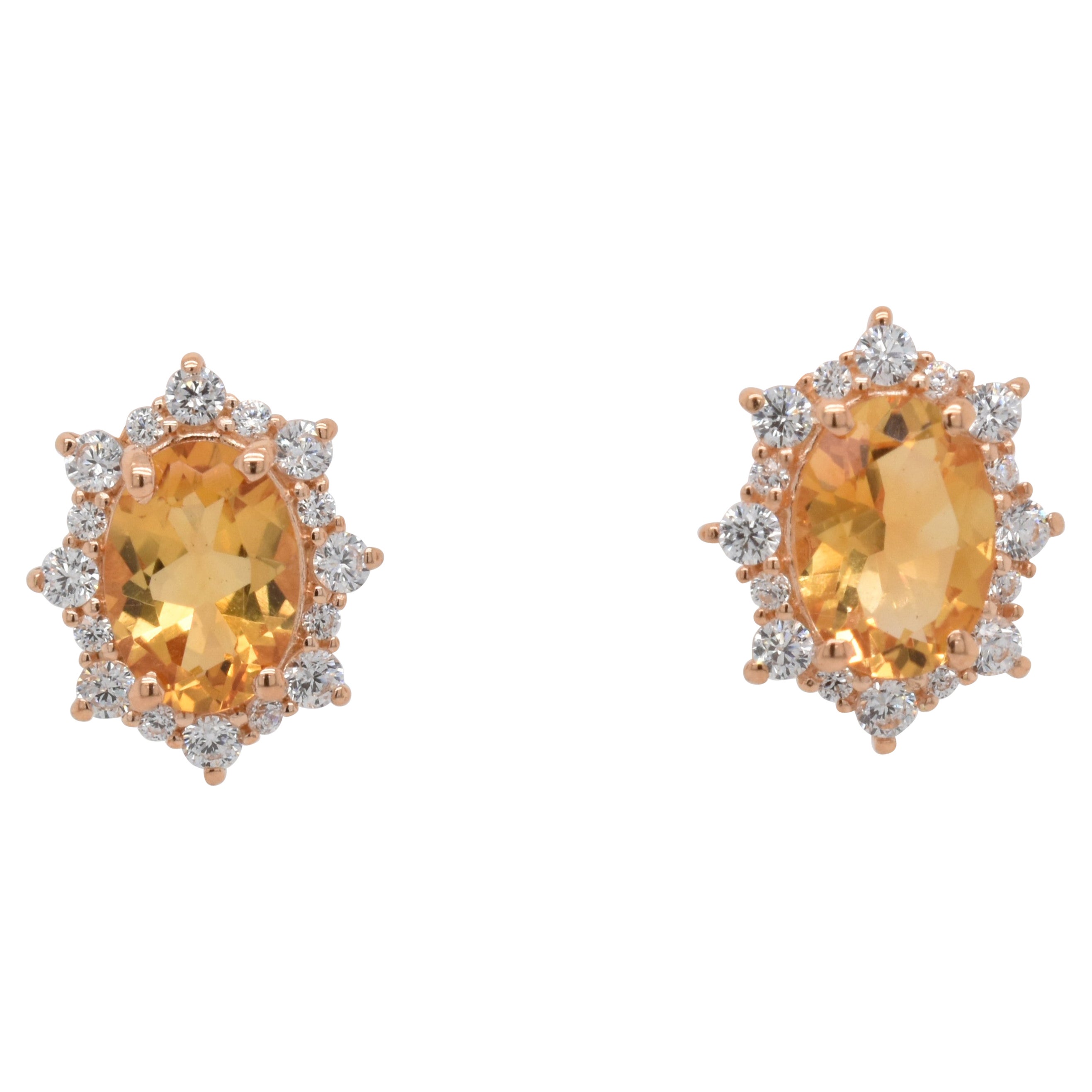 Boucles d'oreilles en or rose sur argent sterling avec citrine naturelle ovale et CZ
