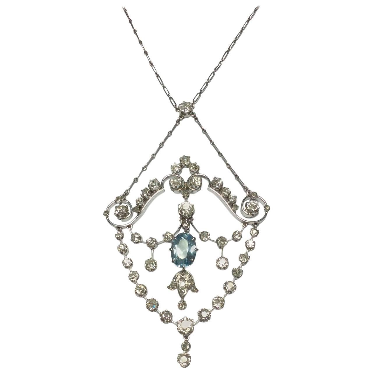 1900s Diamonds Aquamarine Platinum Necklace For Sale