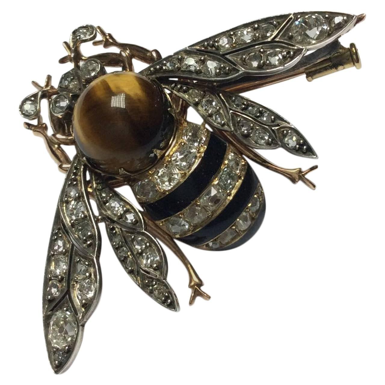 1870s Enamel Quartz Tiger's Eye Diamond Silver Gold Bee Brooch