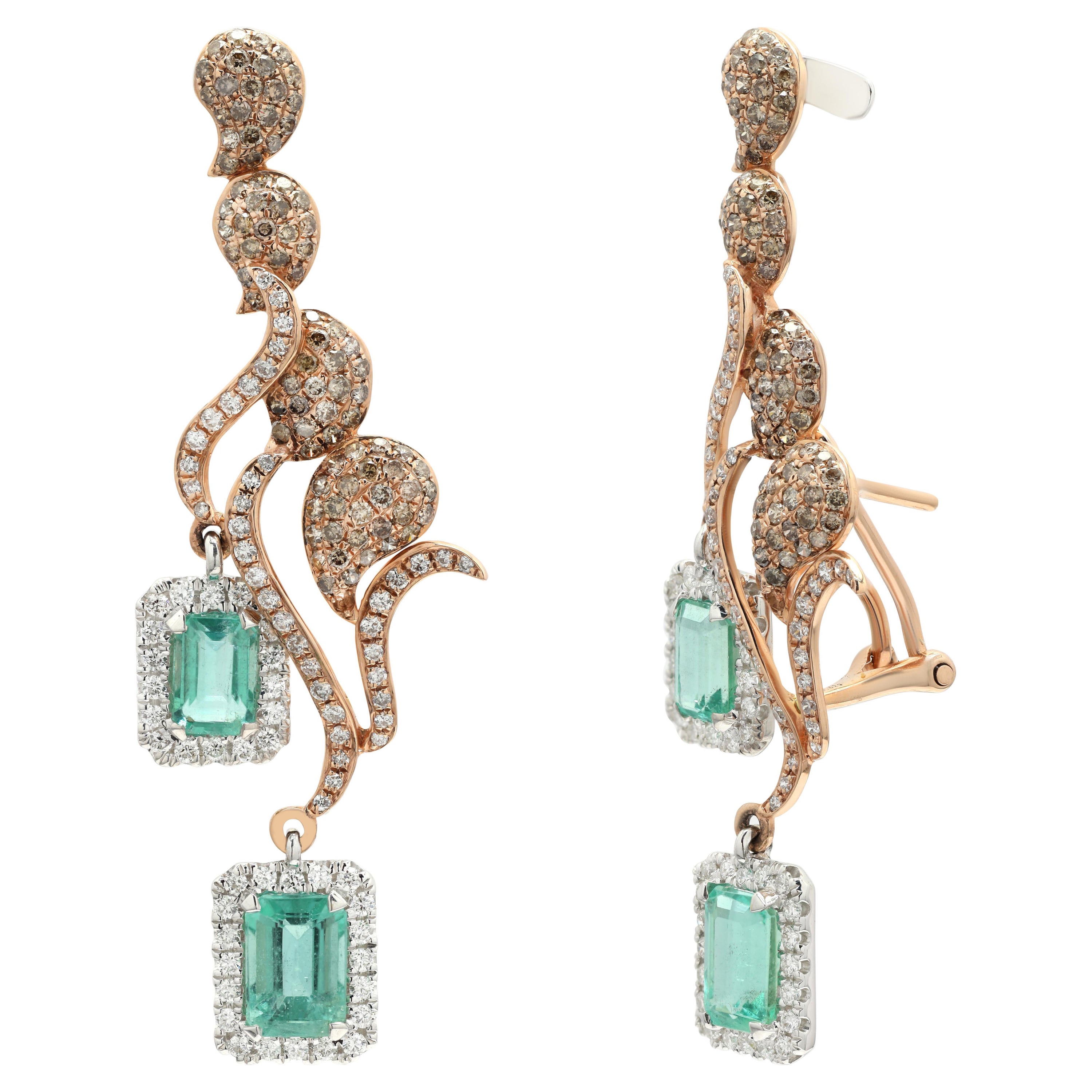 Diamond Paisley and Emerald Dangle Earrings in 14K Rose Gold, Cocktail Earrings For Sale