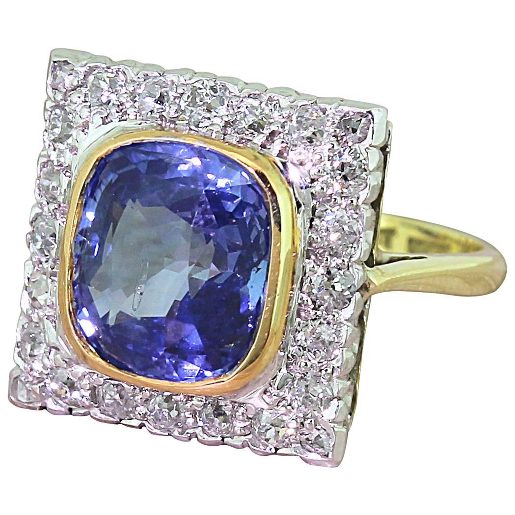 1920s Art Deco 4.95 Carat Natural Ceylon Sapphire Old Cut Diamond Gold Ring For Sale