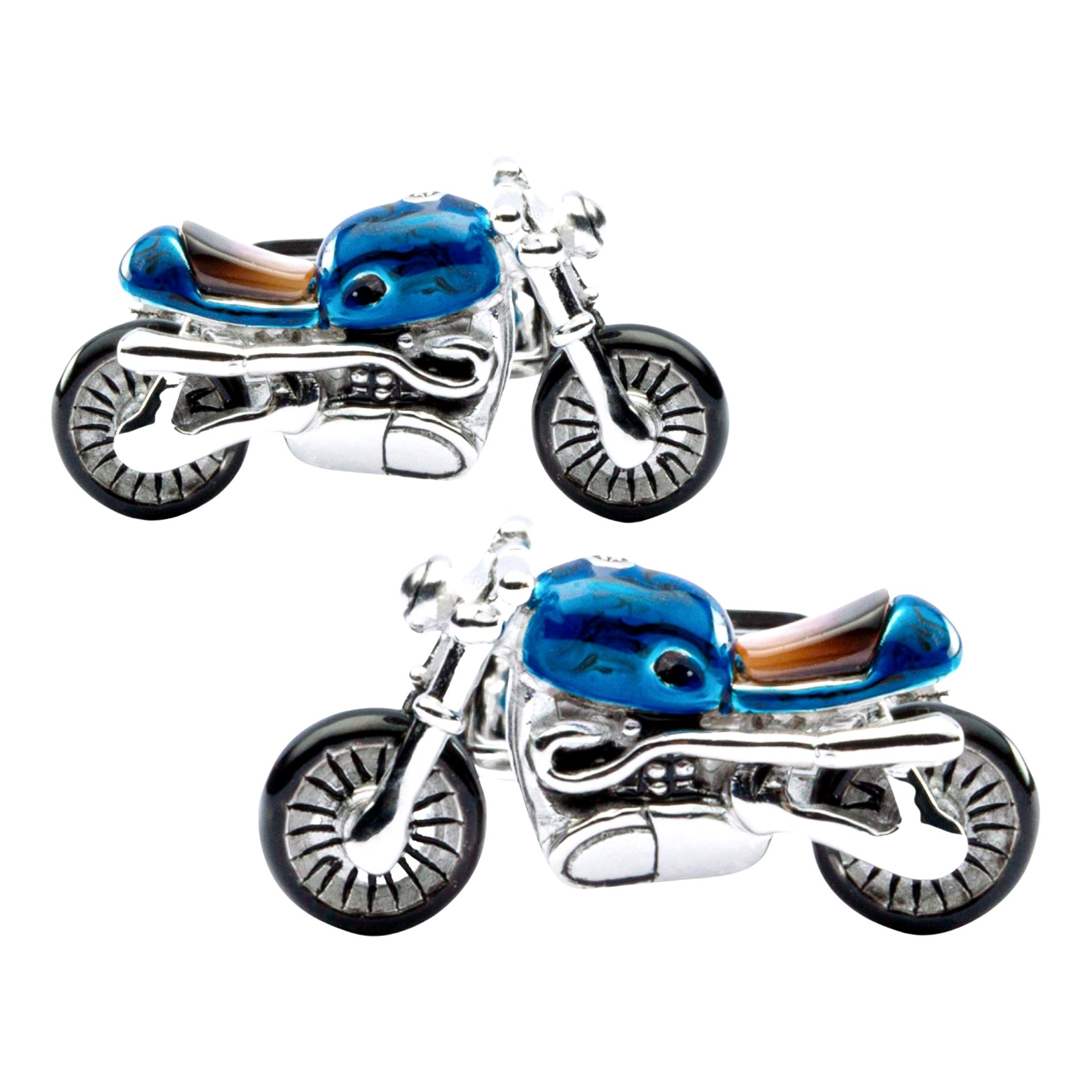 Alex Jona Boutons de manchette de moto en argent sterling et émail bleu