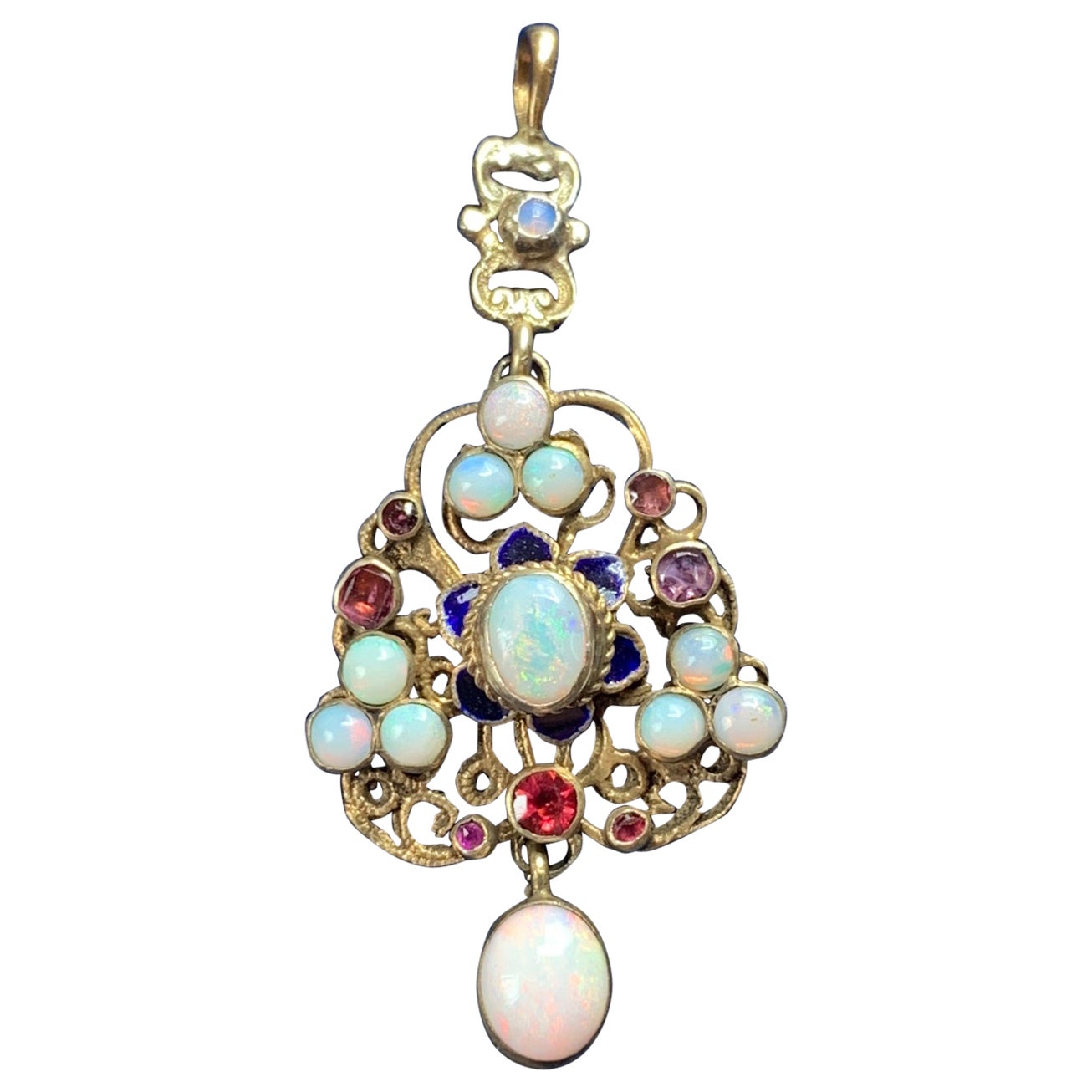 Opal Tourmaline Enamel Pendant Necklace Austro-Hungarian Renaissance Revival