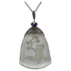 Art Decó Collar Flor Cristal de Roca Amatista Marcasita Plata de Ley Raro