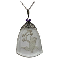 Art Deco Blumenhalskette aus Bergkristall mit Amethyst Marcasite aus Sterlingsilber, selten