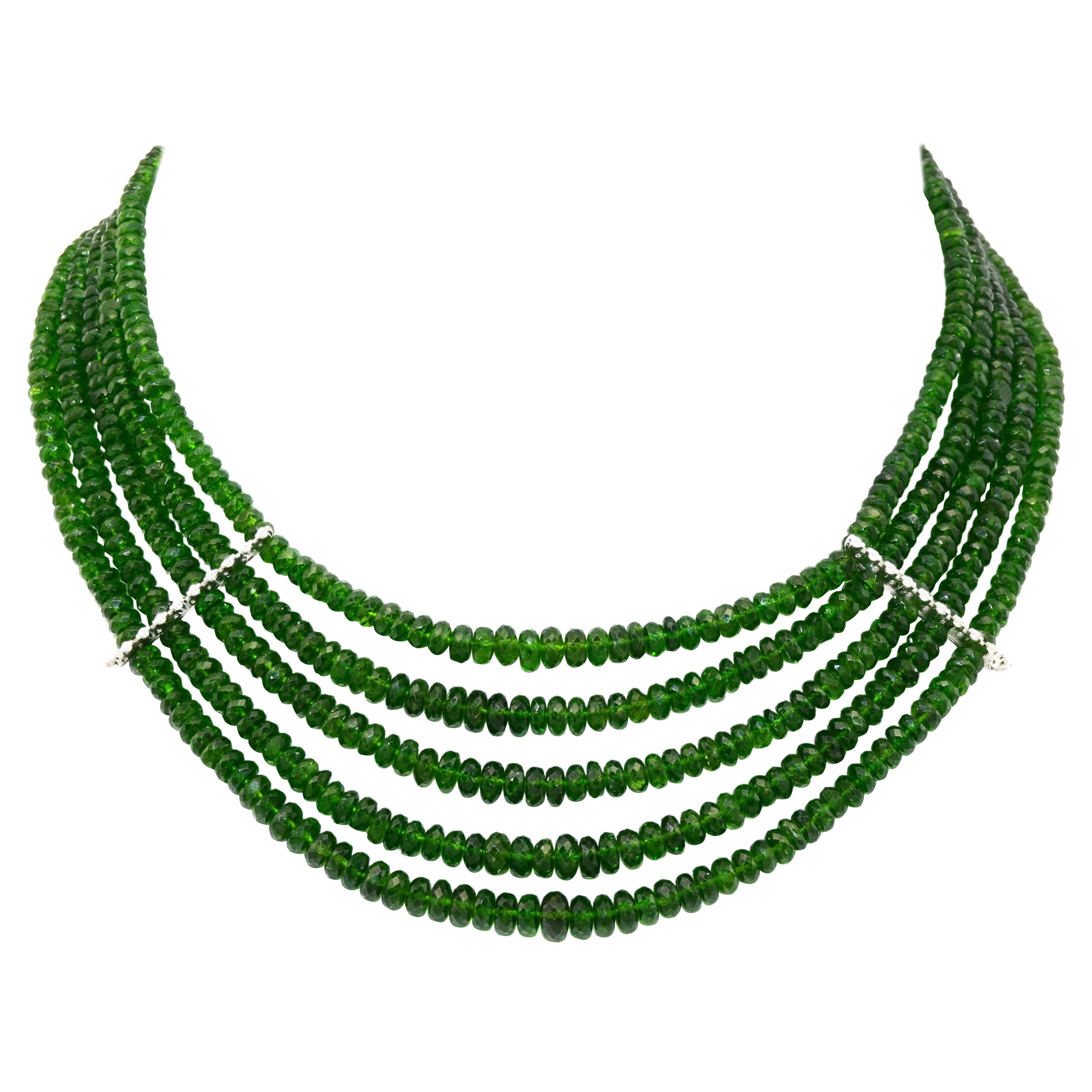 Green Tourmaline Diamonds 18 KT White Gold Made in Italy Bib Necklace For Sale