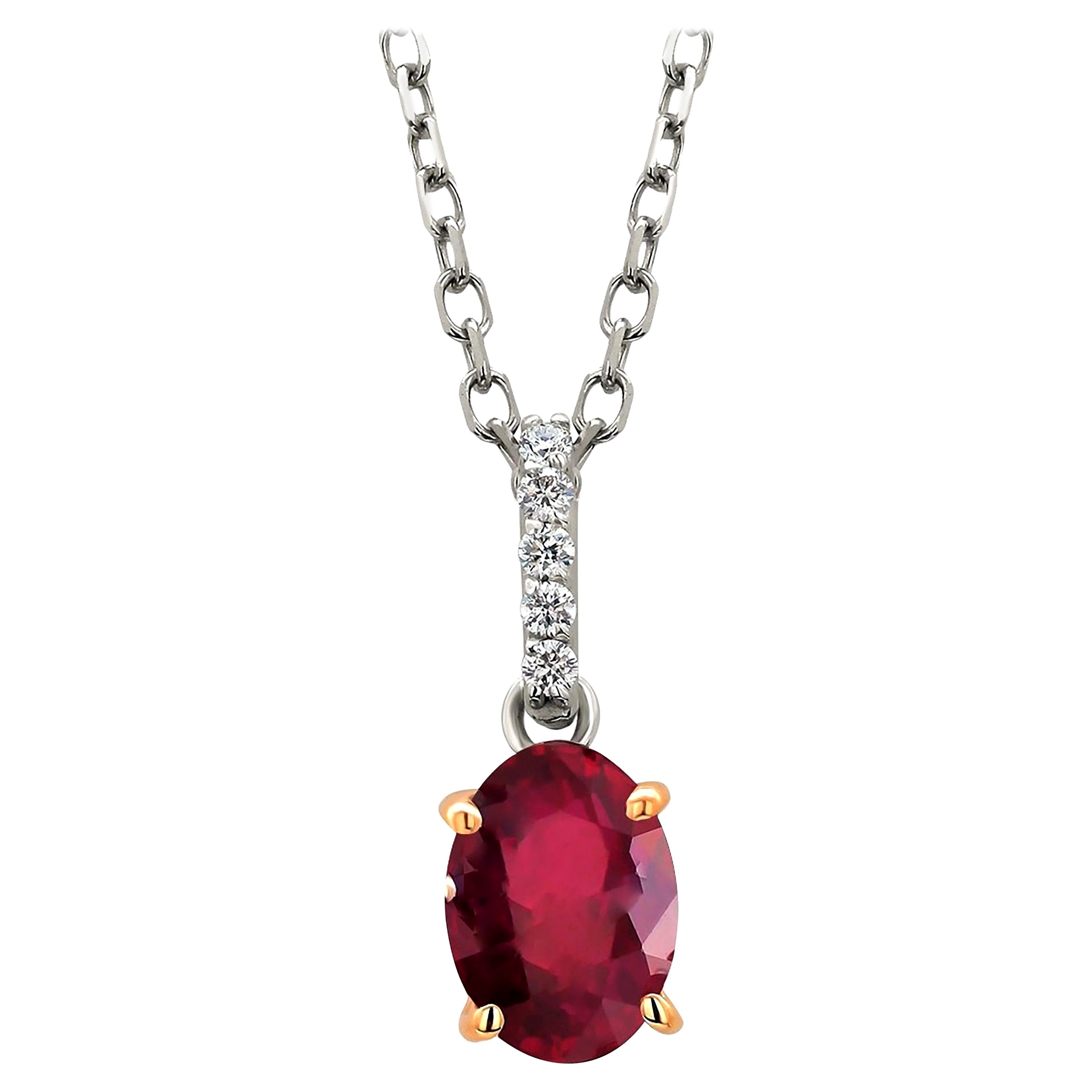 Oval Burma Red Ruby with Diamond Bail White and Yellow Gold Pendant Necklace