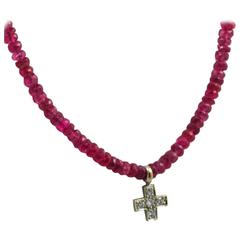 Vintage Pink Sapphire Necklace with Diamond Cross