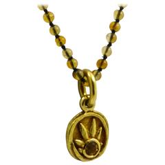 Citrine Bead Necklace 18 Karat Gold Medallion Pendant