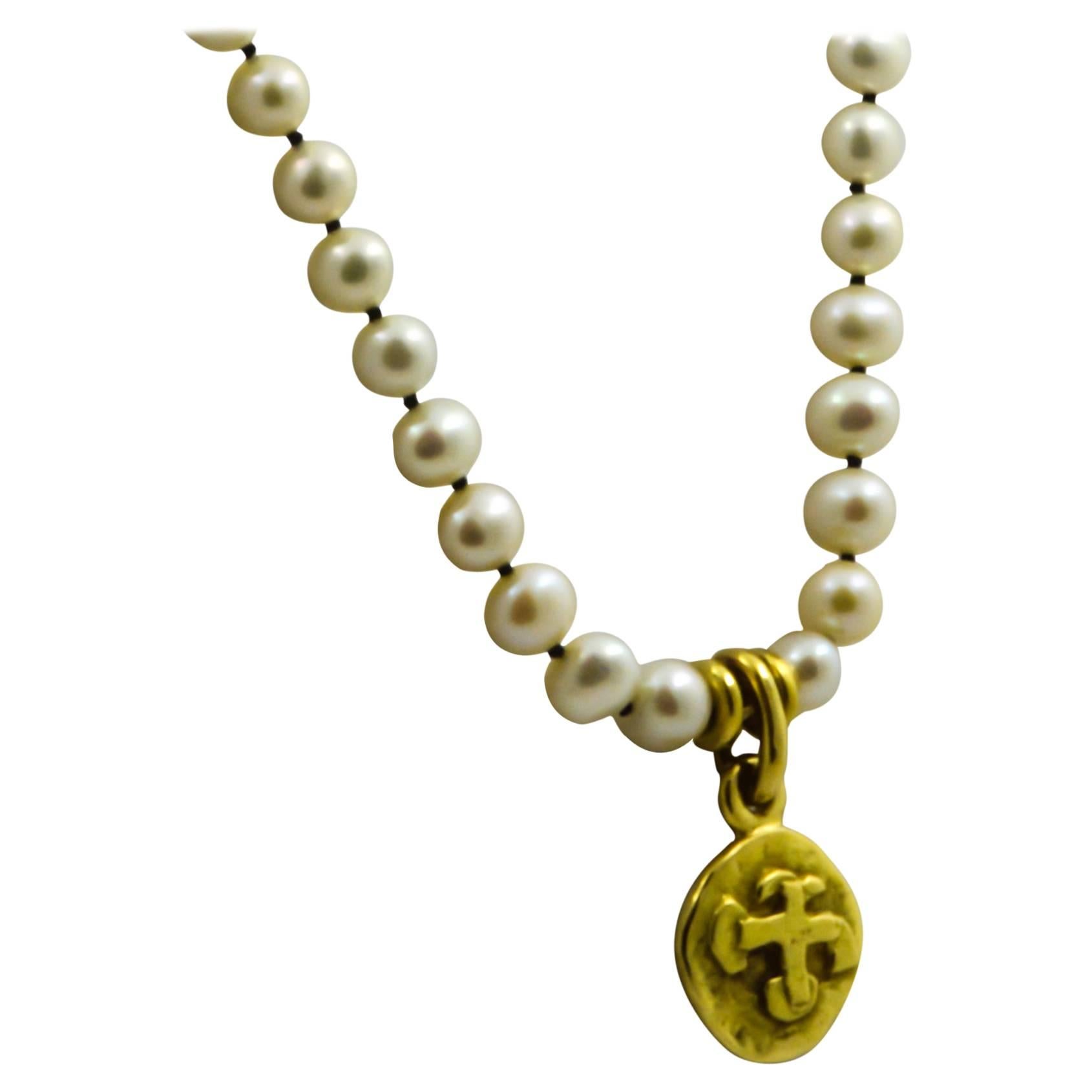 Gold Pendant on Cultured Pearl Strand