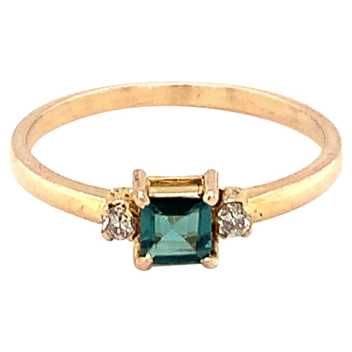 14K Yellow Gold Square Cut Green Tourmaline Diamond Ring
