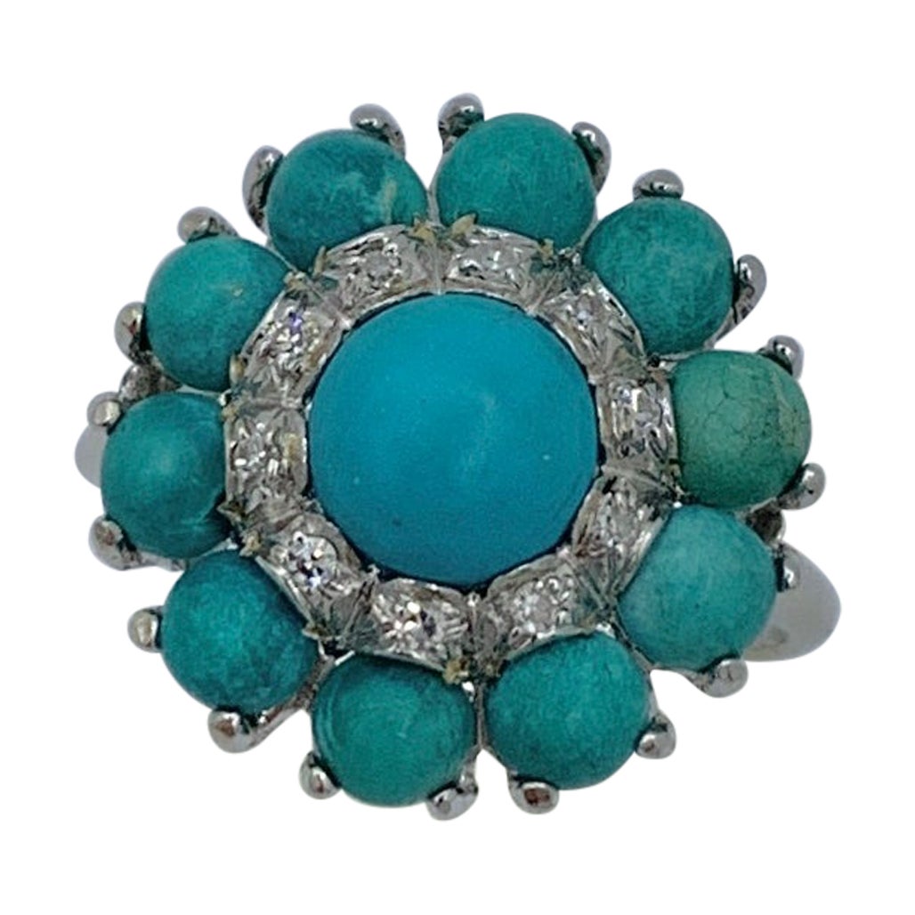 Persian Turquoise Diamond Halo Ring 18 Karat White Gold Retro Antique For Sale