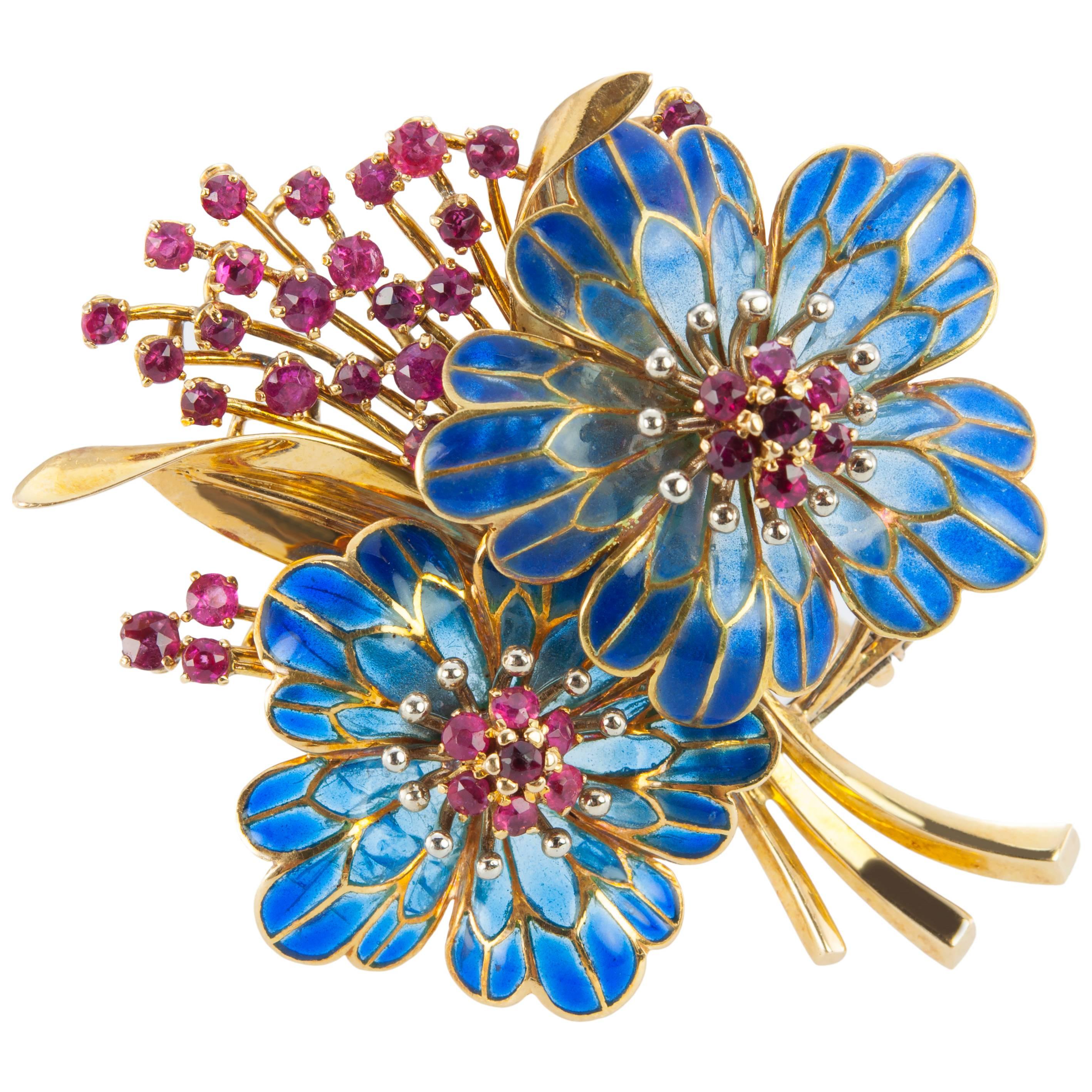 1960s Floral Plique-à-Jour Ruby Gold Brooch
