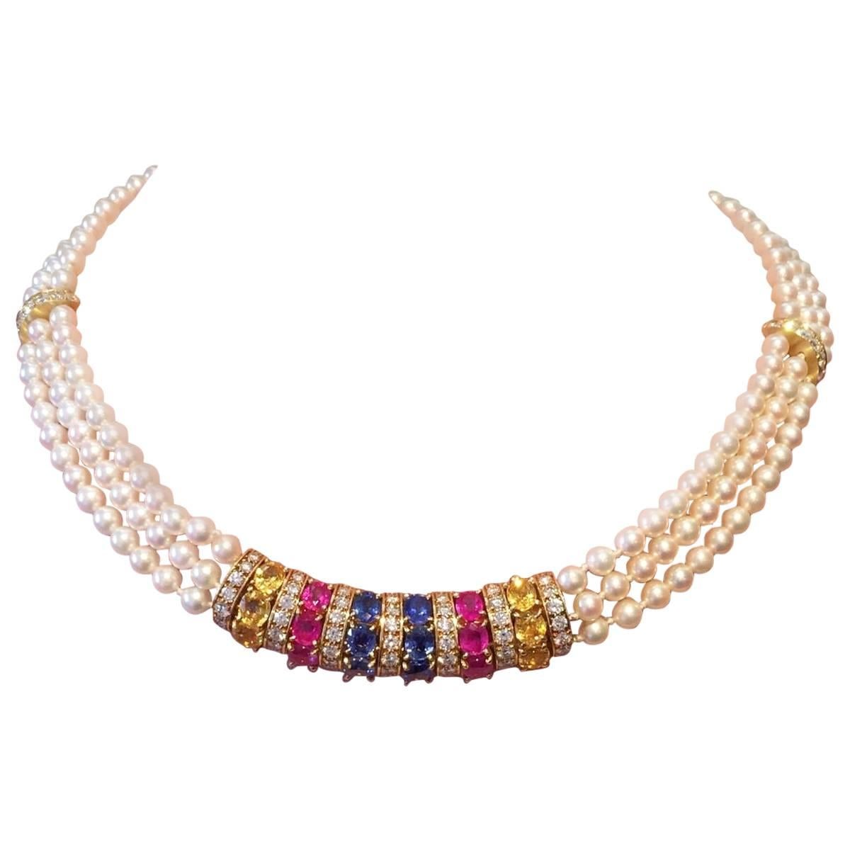 Women's Van Cleef & Arpels Pearl Sapphire Diamond Gold Choker Necklace 