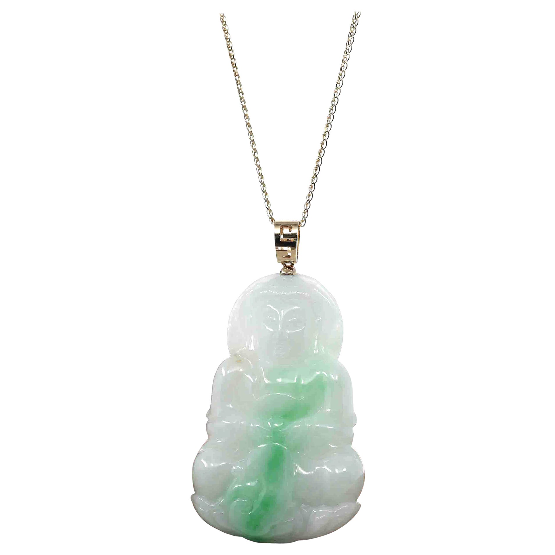 "Goddess of Compassion" 14k Yellow Gold Burmese Jadeite Jade Guanyin Necklace For Sale