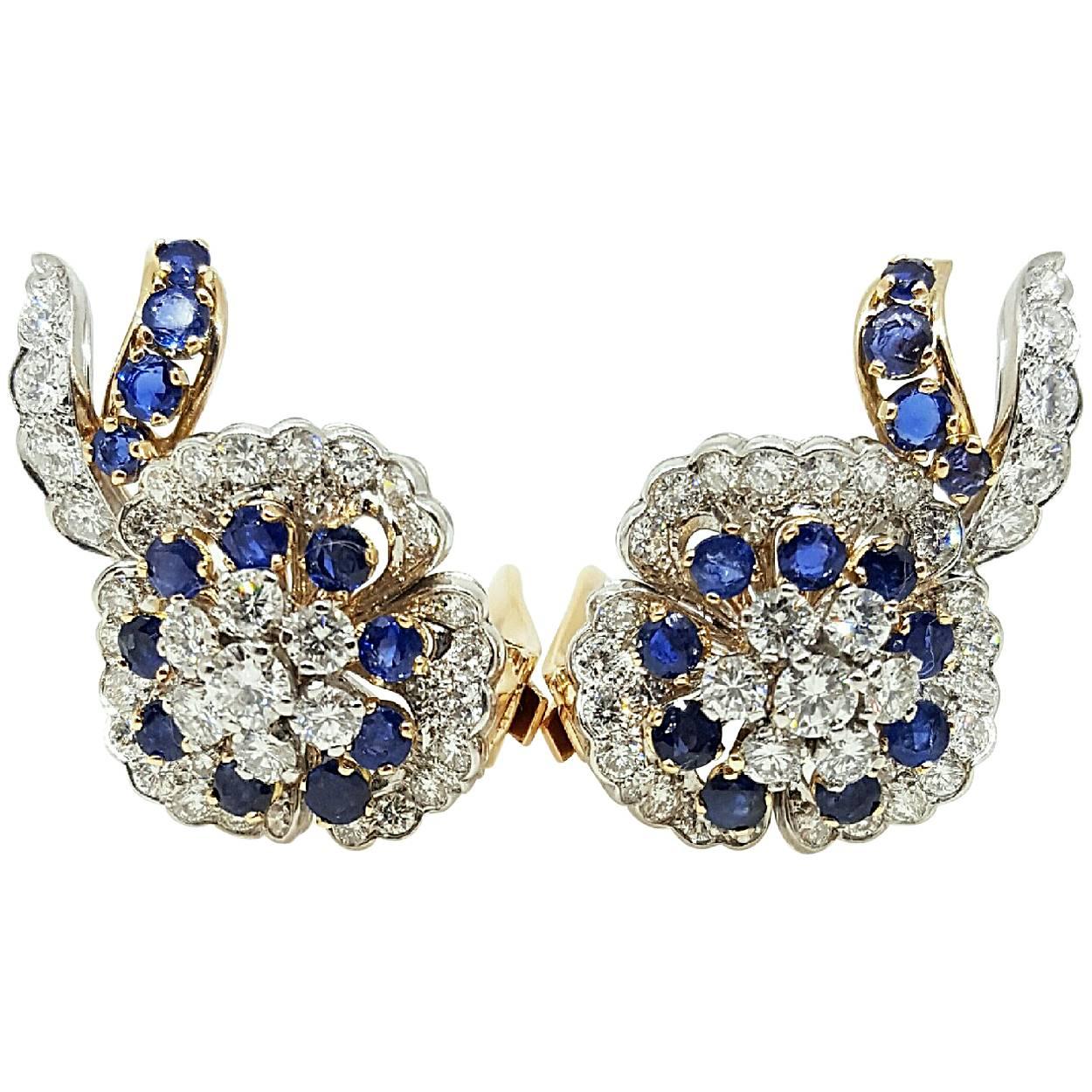 Sapphire Diamond Two Color Gold Earrings