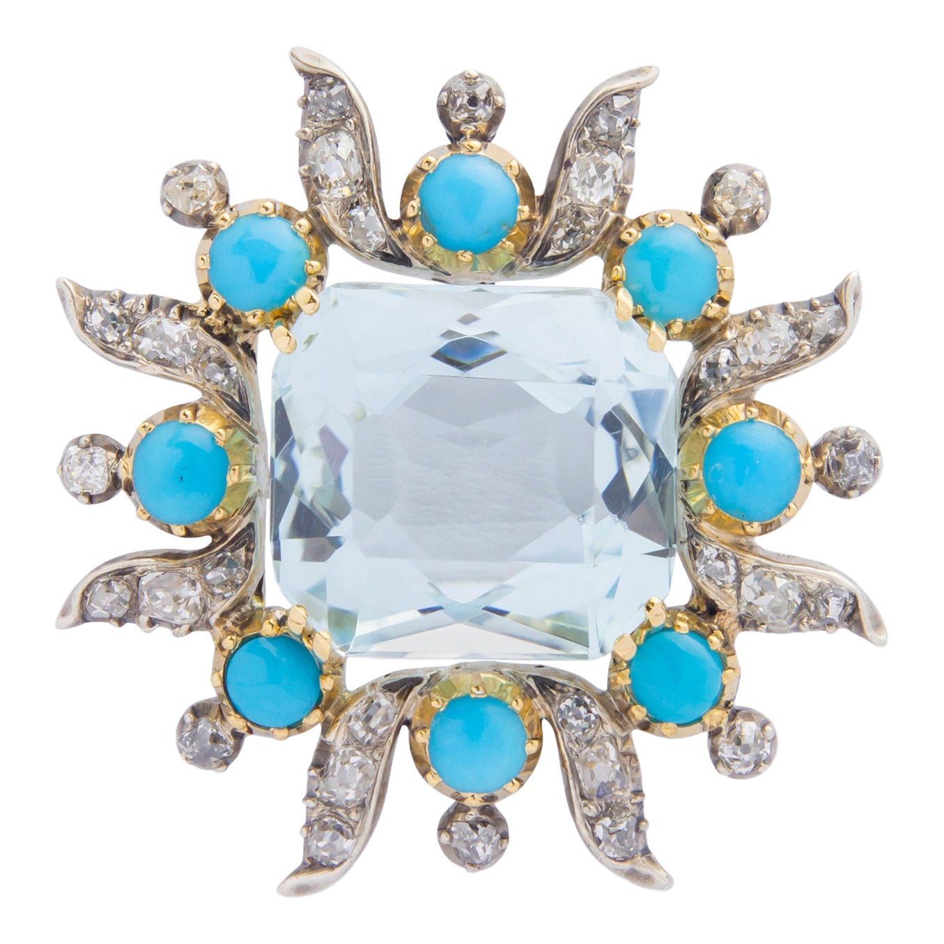 Turn of the Century, Aquamarine, Turquoise & Diamond Brooch Pin For Sale