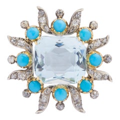 Antique Turn of the Century, Aquamarine, Turquoise & Diamond Brooch Pin