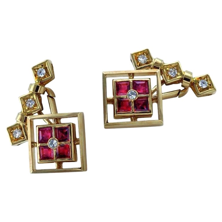Ruby and Diamond 18 Karat Gold Cufflinks For Sale